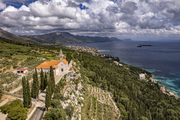 Franciscan monastery and church Madonna of the Angels and the coast seen from above, Orebic,