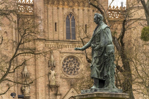 The statue of Grand Duke George of Mecklenburg-Strelitz in front of the castle church in