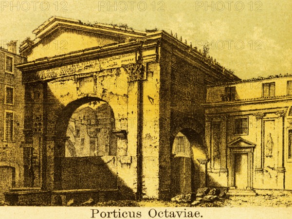 Porticus Octaviae or Portico d'Ottavia, Portico of Octavia, ruin, former portico, entrance, title,