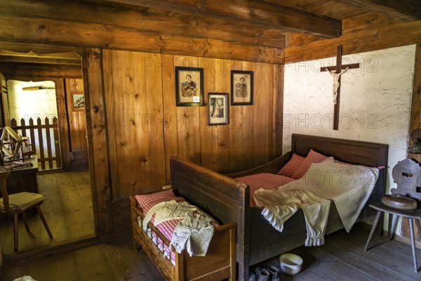 Bedroom of a historic farmhouse in the Black Forest Open-Air Museum Vogtsbauernhof, Black Forest,