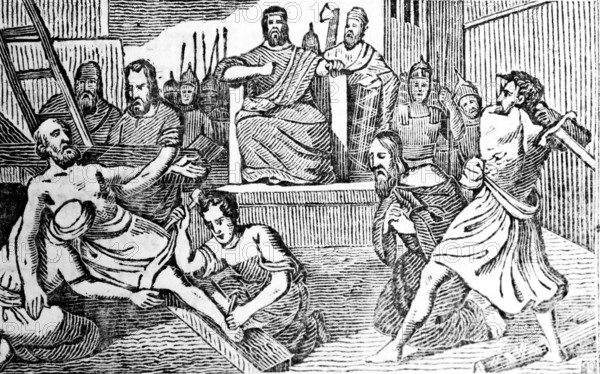 Paul is beheaded and Peter crucified under Emperor Nero in Rome, woodcut, historical illustration,