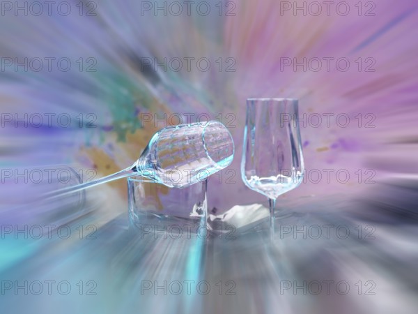 Light art, various glasses on silver foil, behind them various splashes of colour, zoom effect,