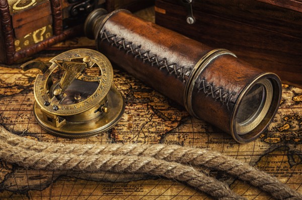 Travel geography navigation concept background, old vintage retro compass with sundial, spyglass