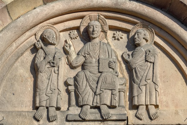 Tympanum on the west portal, Romanesque Minster Schwarzach, Rheinmünster, Baden-Württemberg,