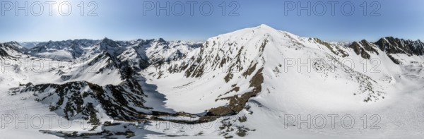 Alpine panorama, Pirchkogel, aerial view, peaks and mountains in winter, Sellraintal, Kühtai,