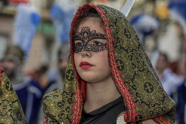 Woman in historic clothes, Moors and Christians Parade, Moros y Cristianos, Jijona or Xixona,