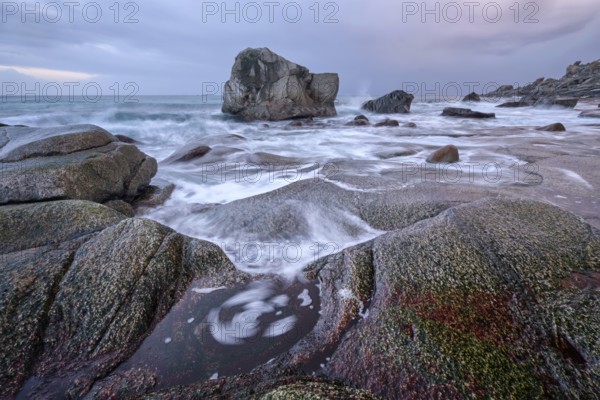 Rocks on beach of fjord of Norwegian sea in winteron sunset. Utakliev beach, Lofoten islands,