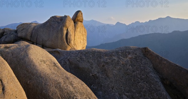 View of stones and rock formations from Ulsanbawi rock peak on sunset. Seoraksan National Park,