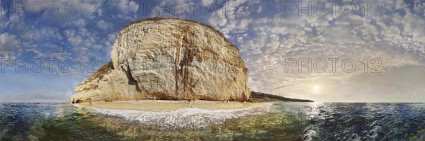 360° panorama with the small sandy beach Mare di Tropea below the mighty sandstone rock of the