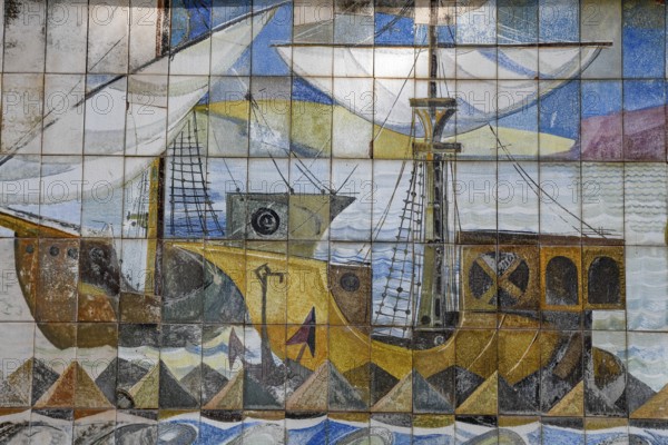 Painted wall tiles with seafarer motif on the castle hill, Cartagena, Region of Murcia, Spain,
