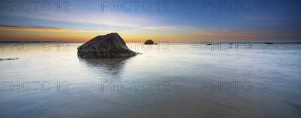 Panorama, Large boulders on the beach of the Baltic Sea at sunset, Wismar Bay, Baltic Sea,