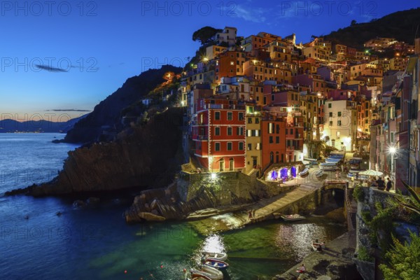 Fishing village of Riomaggiore, blue hour, Cinque Terre, province of La Spezia, Liguria, Italy,