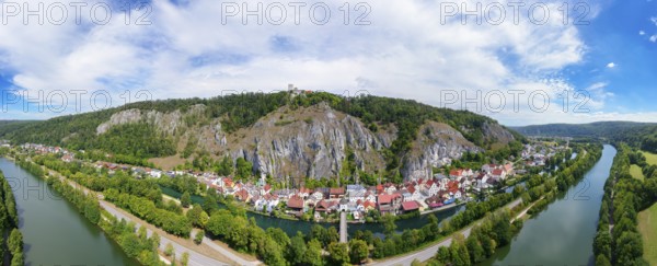 Aerial view, Main-Danube Canal, state road St 2230, Old Bridge, wooden bridge over branch of the