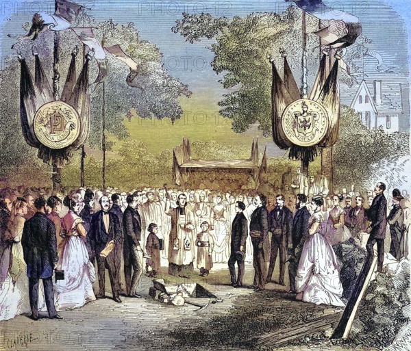 Laying of the foundation stone for the typographical villa founded in Livry-Gargan, 1869, France,