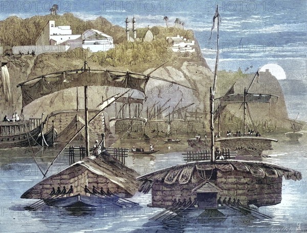 Cargo ships, cotton, Convoy with cotton cargo sailing down the Ganges, 1869, India, Historic,
