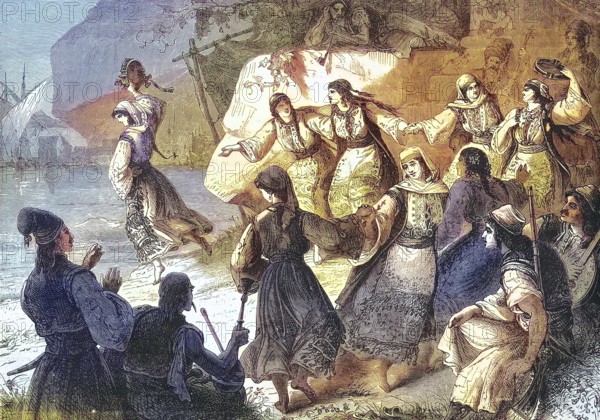 Women in traditional traditional costume dancing Romaika, a folk dance from Greece, in 1869,
