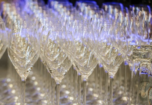 Freshly rinsed wine glasses on the counter of a restaurant, Berlin, 22 November 2024, Germany,