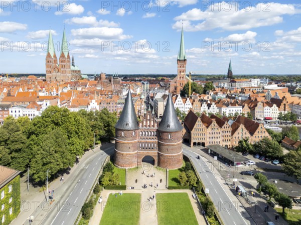 Holstentor Holsten Tor aerial view in the Hanseatic city of Lübeck, Germany, Europe