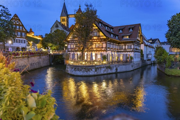 View from the Agnes Bridge to the Roßneckarkanal, half-timbered house with gastronomy and the