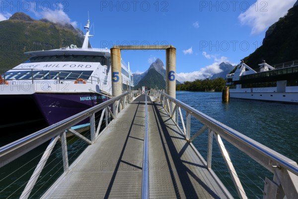 Metal walkway leads between large ships to a picturesque mountain and fjord backdrop, summer,