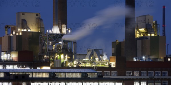 Bayer AG site in the evening, agrochemical and pharmaceutical company, Leverkusen, Bergisches Land,