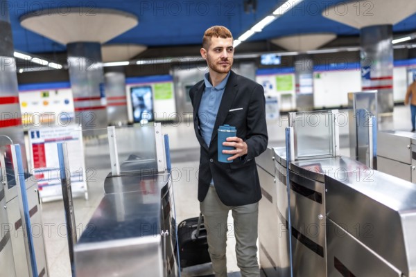 Young businessman going to work passing through subway turnstile holding reusable coffee cup and