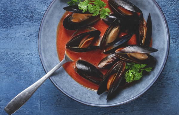 Fra Diavolo mussels, mussels in tomato sauce, Italian dish, on a blue background, homemade, no