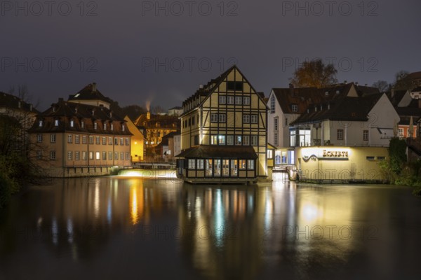 Building of the old town centre on the river Regnitz, Blue Hour, Bamberg, Upper Franconia, Bavaria,