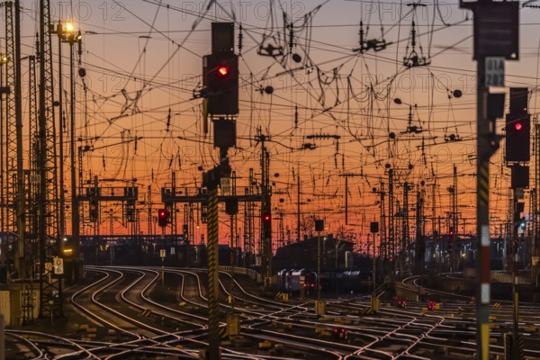 Track apron with trains, rails, points, pylons and signalling systems. Infrastructure at the main