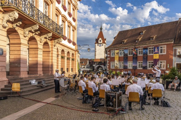 Brass band on the market square at the town hall Gengenbach, Black Forest, Baden-Württemberg,