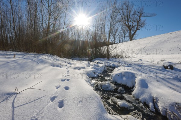 Bochum, North Rhine-Westphalia, Germany - Sunny winter landscape in the Ruhr area, ice and snow on
