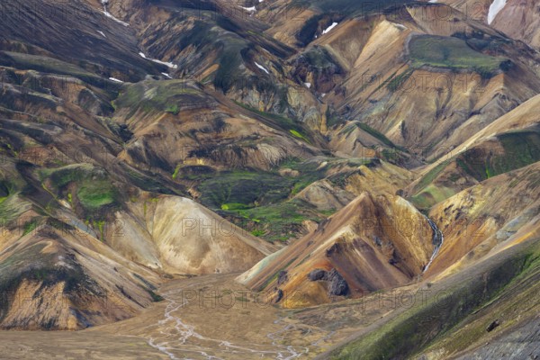 Rhyolite mountains, volcanic landscape, colourful erosion landscape with mountains,