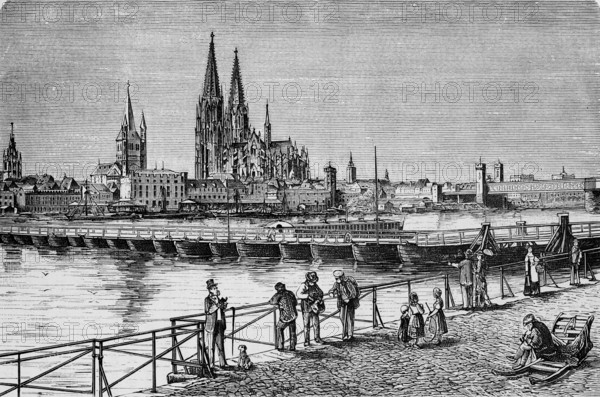 BLick across the Rein to Cologne Cathedral and Great St Martin's Church, city view of Cologne,