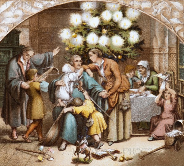 The Luther family celebrates a peaceful Christmas, living room with table and stove, Christmas tree