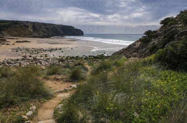 Raposeira, Algarve, Portugal - Surfer beach Praia do Zavial on the Mediterranean coast between