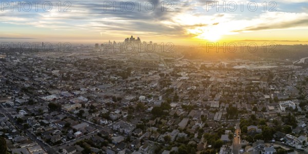 Los Angeles skyline aerial view downtown at sunset panorama in California in Los Angeles, USA,