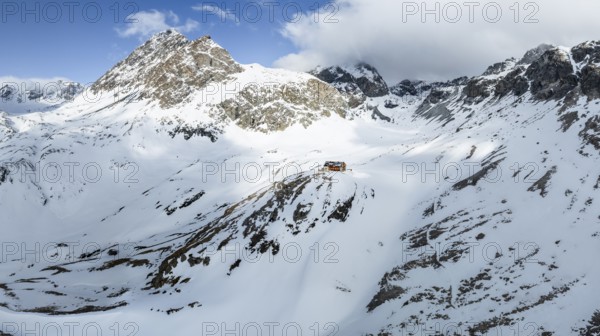 Aerial view, Piz Jenatsch and Piz Picuogl, winter in the mountains, Chamanna Jenatsch CAS, Swiss