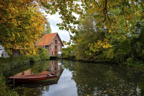 Historic watermill, Düstermühle on the River Dinkel, Legden, Münsterland, North Rhine-Westphalia,