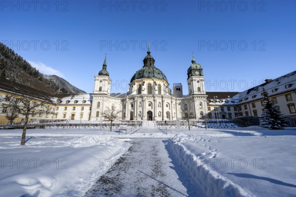 Ettal Abbey, baroque Benedictine abbey, inner courtyard with snow in winter, Ettal, Upper Bavaria,