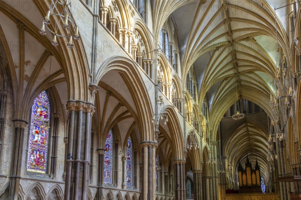 Vaulted nave ceiling roof of medieval Lincoln cathedral interior, city of Lincoln, Lincolnshire,