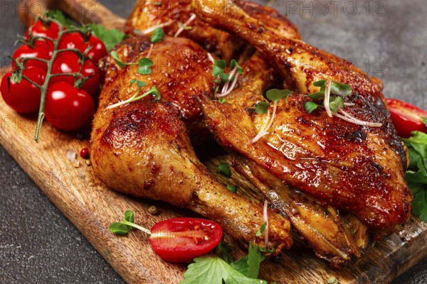 Grilled fried chicken legs, served with fresh cherry tomatoes, and herbs, on a wooden chopping