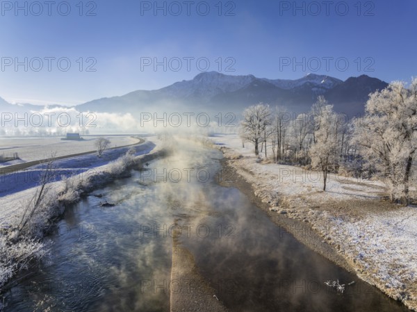 River, morning light, fog, hoarfrost, mountains, winter, snow, aerial view, Loisach, view of