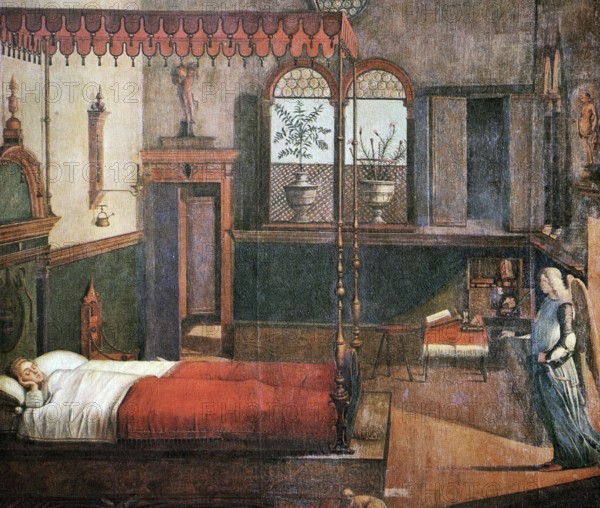 The Dream of St Ursula, saint, legendary figure without historical existence, painting by Vittore