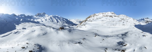 Alpine panorama, aerial view with Kesch hut, Alpine Club hut of the SAC in winter, Albula Alps,