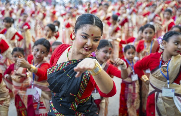 Participants with an instructor dance on the final day of a Bihu dance workshop ahead of Rongali