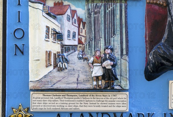 Detail of Thomas Clarkson abolition of slavery plaque, Seven Stars Inn pub, Redcliffe, Bristol,