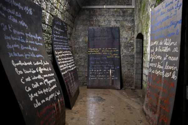 Plaques with sayings of soldiers, Fort de Douaumont, French fortress from the First World War,