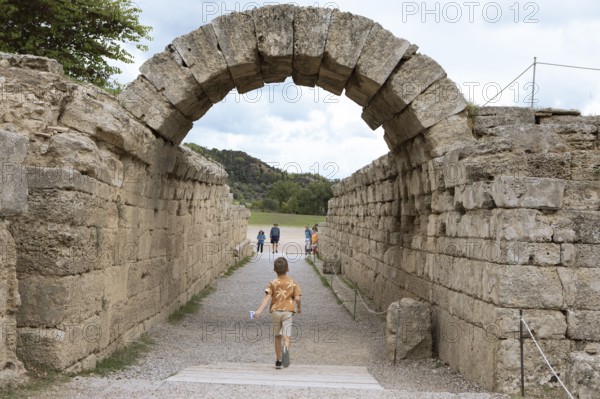 Monumental entrance to the stadium, crypt, ancient ruins of the archaeological site of Olympia,
