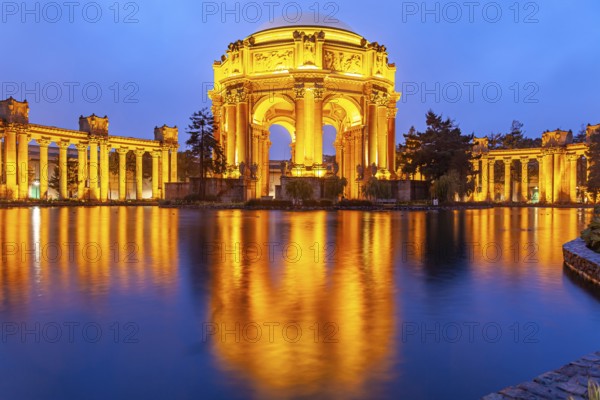 The illuminated Palace of Fine Arts in the Marina District in San Francisco at night, California,