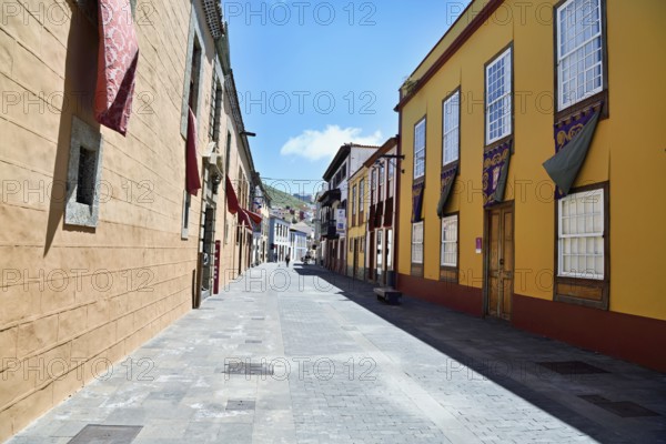 Colourfully painted facades in a quarter of the city, San Cristóbal de La Laguna, Tenerife, Canary